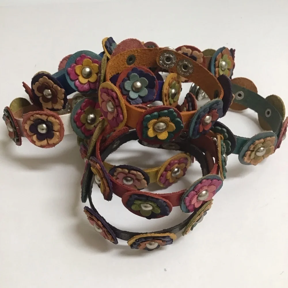 Daisy Flower Leather Bracelet Handmade Mexico Boho Colorful 2-Snap Festival NEW